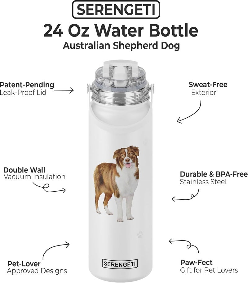 ES Pets SERENGETI 24 Oz Water Bottle Stainless Steel with Spill Proof Lid - Double walled Vacuum Insulated water flask - Realistic 3D Print of your favorite dog (Australian Shepherd) - Image 1